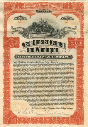 West Chester, Kennett and Wilmington Electric Railway Co. - 1905 dated $500 Railroad Bond